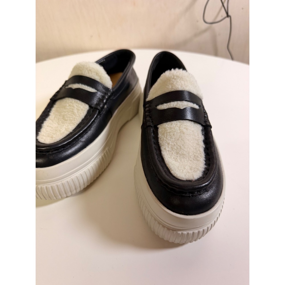 J/Slides NYC Platform Loafers Women Size 7 Black Cream Excellent Shearling Trim